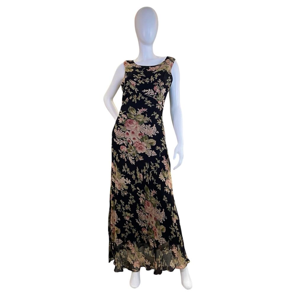 1990s Vintage Nostalgia Floral Maxi Dress Keyhole Back Cottagecore